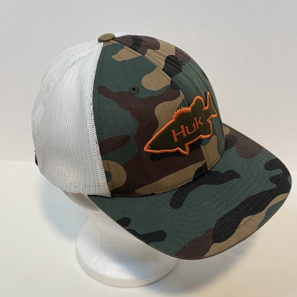HUK Bass Camo Adjustable Trucker Hat Snapback Mesh Orange HUK Fishing Logo